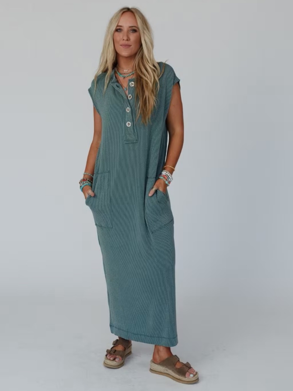 Three Bird Nest Teal Button-Front Ribbed Maxi Dress - Picture 4 of 6